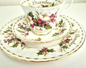 Royal Albert December Flower of the Month Tea Set - 3 Piece Trio - Christmas Rose & Holly - Fine Bone  December Birthday Gift