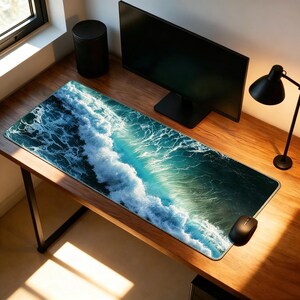 Alfombrilla de ratón extendida con diseño de olas oceánicas, alfombrilla de escritorio estética, alfombrilla de ratón costera para configuración de juegos, decoración minimalista para espacio de trabajo, accesorio para oficina en casa