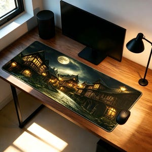 Alfombrilla de ratón extendida Moonlit Village, alfombrilla de escritorio de fantasía oscura, alfombrilla de ratón estética para configuración de escritorio de juegos, accesorio de oficina, decoración de espacio de trabajo en el hogar