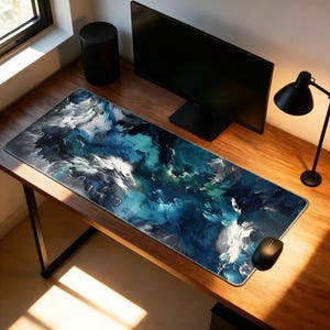 Alfombrilla de ratón con diseño abstracto de océano azul, alfombrilla de escritorio extendida, alfombrilla de ratón estética para configuración de escritorio minimalista, decoración de espacio de trabajo, oficina en casa