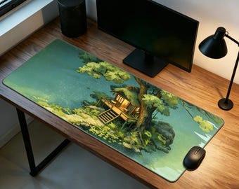 Tappetino da scrivania a tema casa sull'albero in stile anime, tappetino per mouse grande con estetica verde e natura, tappetino per tastiera da gioco in stile cottagecore, regalo per giocatori/amanti dell'arte