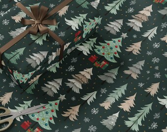 Papier d'emballage de sapin de Noël rustique - Emballage cadeau des fêtes de fin d'année avec flocons de neige et cadeaux, emballage d'hiver de qualité supérieure pour cadeaux de Noël