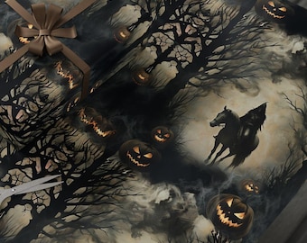 Papier cadeau Halloween : effrayant cavalier, citrouille, forêt étrange