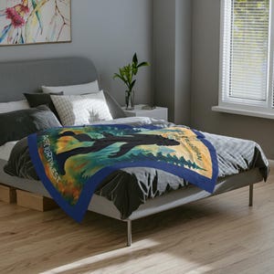 Cozy Velveteen Microfiber Blanket featuring Bigfoot Art, Warm Decorative Throw for Campers, Gift for Nature Lovers, Unique Home Decor