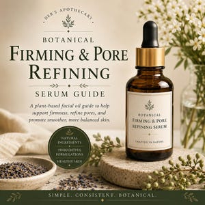 Op de afbeelding: Een productfoto van een botanisch gezichtsserum. De bruine glazen fles heeft een druppelaar en een wit etiket met tekst. De afbeelding bevat de tekst "Botanical Firming & Pore Refining Serum" en "Simple. Consistent. Botanical."