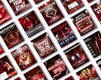 Tennis Social Media Templates Canva Editable Sports Marketing Instagram Game Day Team Coach Announcement Player Profile Graphics