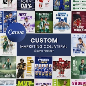 May include: A digital collage of various sports-themed marketing templates featuring athletes in action, team rosters, and game day announcements. The collection includes diverse colour schemes, bold typography, and the Canva logo in the centre.
