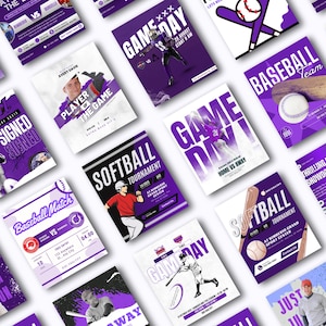 Puede incluir: Una colección de folletos deportivos morados y blancos. Los folletos presentan imágenes de béisbol y softbol, incluyendo bates, pelotas y jugadores. El texto incluye "Game Day", "Softball Tournament" y "Baseball Match".