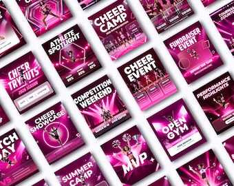 Cheer Social Media Templates Canva Sports Graphics Bundle Comp Day Team Roster Athlete Spotlight Editable Templates