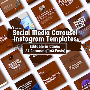 May include: A collection of brown Instagram templates with various text overlays, including "Social Media Carousel Instagram Templates" and "Editable in Canva." The templates cover topics like business tips and marketing strategies.