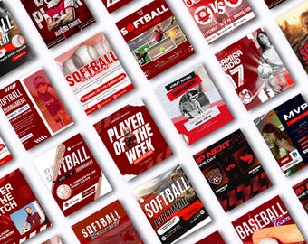 Softball Social Media Templates Editable Best Selling Canva Template Instagram Sports Graphics Game Day Player Profile Team Roster