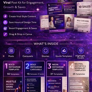 Może przedstawiać: Zestaw szablonów Canva dla Instagrama z ponad 150 projektami. Zawiera szablony dla postów, karuzel, relacji, cytatów i okładek wyróżnień. Zestaw ma na celu tworzenie treści wirusowych, oszczędzanie czasu i zwiększanie zaangażowania.