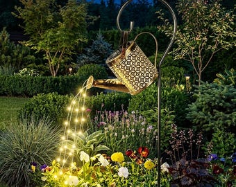 Solar Watering Can Garden Light, Metal Hanging Watering Can with LED Fairy Lights, Outdoor Waterproof Yard Decor Gift for Mom