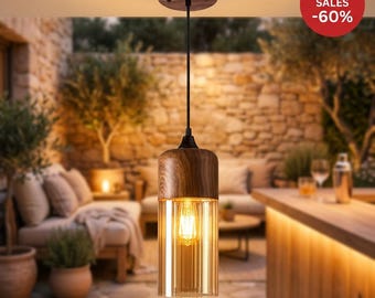 Wood Grain Cylinder Pendant Light, Nordic Amber Glass Hanging Lamp, Modern Cognac Wood Ceiling Light for Kitchen, Dining Room & Bar