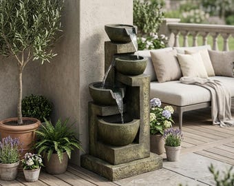 Fuente de agua exterior de 4 niveles con cascada, fuente de resina para jardín zen con bomba, decoración de patio con efecto piedra, elemento de agua relajante.