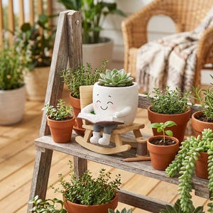 Cute Reading Face Planter Pot with Drainage Hole, Resin Succulent Planter on Rocking Chair, Smiling Desk Decor Gift