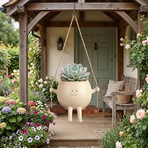 Könnte beinhalten: Ein skurriler, cremefarbener Pflanztopf mit einem lächelnden Gesicht, Armen und Beinen, der von einer Holzveranda hängt. Der Pflanztopf enthält eine große, hellgrüne Sukkulente. Der Pflanztopf schwingt an einem Seil und verleiht der Gartendekoration eine verspielte Note.