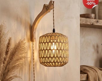 Rope Woven Wall Sconce, Handwoven Wicker Wall Lamp with Wood Bracket, Boho Plug-In Light Fixture, Rustic Natural Bedroom Wall Light