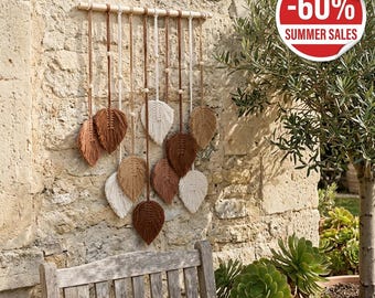 Brown Beige Macrame Wall Hanging, Handwoven Leaf Tapestry, Neutral Earthy Cotton Rope Boho Decor, Rustic Wall Art, Handmade Home Gift