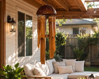 Handmade Bamboo Wind Chime for Outdoor Garden Decor, Natural Coconut Shell Wind Bell for Patio, Balcony & Zen Home