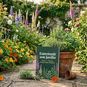 May include: A dark green book titled Entretenir son jardin Partie 3 - Préparer, protéger & faire prospérer, featuring botanical illustrations of flowers and herbs, placed next to a terracotta pot with green herbs and a small terracotta pot.