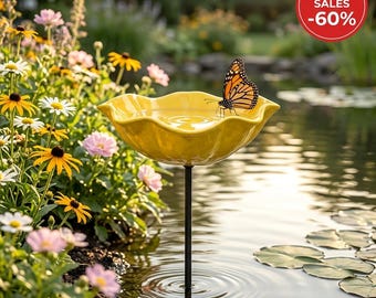 Flower Bee Bath Garden Stake | Yellow Metal Bird Bath & Butterfly Watering Station | Handmade Scalloped Bowl Yard Decor | Outdoor Garden
