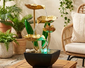 Zen-Tischbrunnen mit LED-Beleuchtung, Lotusblumen-Design, entspannender Luftbefeuchter für Büro und Schlafzimmer