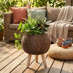 Peut inclure: Un cache-pot rond en osier tressé brun foncé doté de trois pieds en bois clair. Le cache-pot contient un arrangement luxuriant de feuillage vert, incluant une plante grimpante et une plante aux feuilles sombres, créant un ensemble naturel.