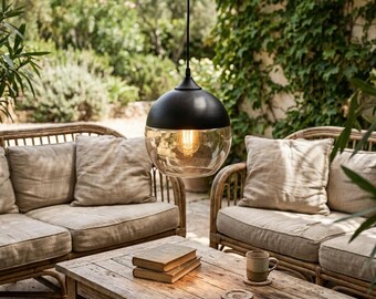 Nordic Round Glass Pendant Light Black | E27 Modern Globe Ceiling Lamp | Scandinavian Hanging Fixture for Dining Room, Bedroom, Cafe