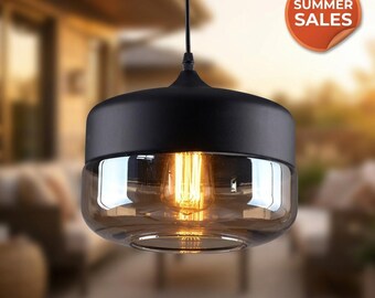 Nordic Pendant Light Black Glass Shade | E27 Modern Ceiling Lamp | Scandinavian Hanging Light for Dining Room, Kitchen, Bar