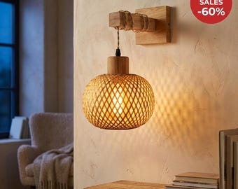 Handwoven Bamboo Wall Sconce, Japanese Retro Rattan Wall Light, Boho Wood Lantern Lamp for Bedroom, Farmhouse & Restaurant Decor