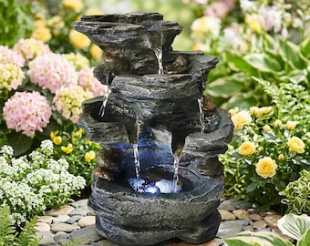 Indoor Water Fountain Resin Rock Cascade with LED Light – Zen Feng Shui Desk Decor, Relaxing Mini Waterfall for Home Office