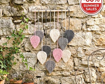 Pink & Gray Macrame Wall Hanging, Handwoven Leaf Tapestry, Blush Cotton Rope Boho Decor, Soft Pastel Wall Art, Handmade Nursery Gift