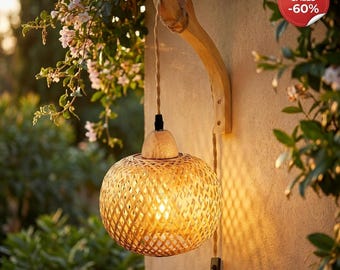 Bamboo Lantern Wall Sconce, Hand-Woven Rattan Plug-In Wall Lamp, Boho Bedroom Wall Light with Wood Bracket, Globe Wicker Shade Lighting