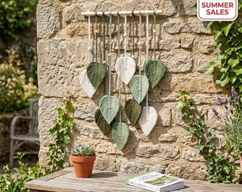 Sage Green Macrame Wall Hanging, Botanical Leaf Tapestry, Handwoven Cotton Rope Boho Decor, Natural Earthy Wall Art, Handmade Nursery Gift