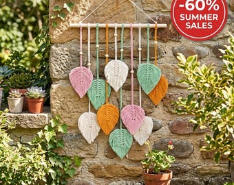 Multicolor Macrame Wall Hanging, Handwoven Leaf Tapestry, Pink Mint Orange Cotton Rope Boho Decor, Colorful Wall Art