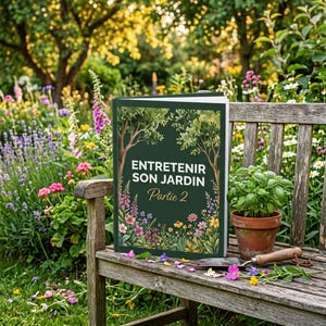 May include: A dark green hardcover book titled "ENTRETENIR SON JARDIN Partie 2" with a botanical illustration of trees and colorful flowers on the cover, resting on a wooden bench next to a potted basil plant and a small metal hand trowel.