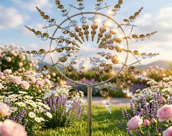 Metal Wind Spinner Garden Stake | Kinetic Art Sculpture, Outdoor Lawn Decor, No Battery, Iridescent Solar Windmill
