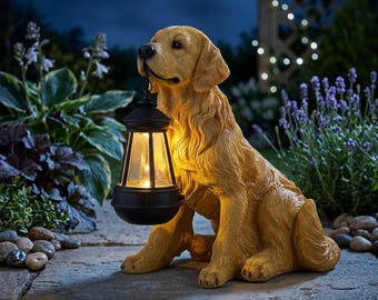 Solar Garden Dog Statue with Lantern, Golden Retriever Outdoor Decor, Resin Puppy Light for Patio Yard Entryway Gift