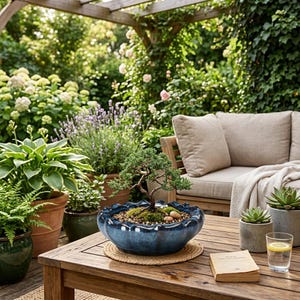 Peut inclure: Un bonsaï dans un pot en céramique bleu à bord ondulé est posé sur une table en bois. L'arbre a un tronc tordu et un feuillage vert. D'autres plantes en pot et un canapé se trouvent en arrière-plan, créant une scène extérieure sereine.