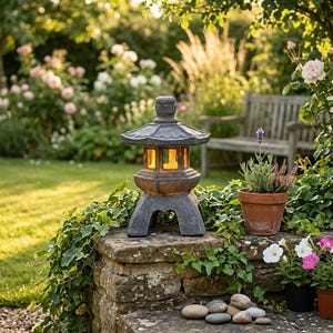 Solarbetriebene japanische Steinpagodenlaterne – Zen-Gartenskulptur, orientalische Palastleuchte für den Außenbereich, Gartendekoration aus Kunstharz