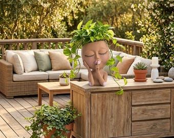 Terracotta Face Planter | Resin Sculpture Flower Pot | Boho Head Vase | Unique Home Decor Gift | Whimsical Plant Lady Pot