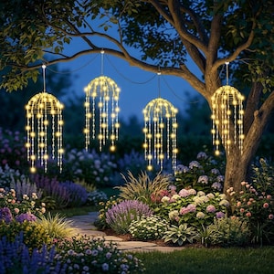 Könnte beinhalten: Vier dekorative Hängelampen für den Außenbereich mit warmweißen LED-Leuchten. Die Lichter hängen an einem Ast und beleuchten einen Gartenweg und Blumenbeete. Die Lampen haben ein kugelförmiges Käfigdesign.