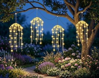 Solar Jellyfish Lights Outdoor Hanging, 4PCS Waterproof Garden String Lights, Warm White LED Tree Decor, 8 Modes Patio Lighting