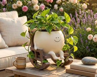 Smiley Face Rocking Chair Planter – Cute Resin Succulent Pot, Kawaii Home Decor & Unique Creative Gift Idea