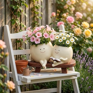Peut inclure: Deux cache-pots en céramique crème, ronds, avec des visages souriants, des bras et des jambes, posés sur un petit banc en bois. L'un contient des pétunias roses, l'autre des marguerites blanches et un petit livre. Un pot en terre cuite et un arrosoir.