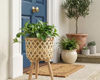 Nordic Woven Rattan Plant Pot with Wooden Legs, Handmade Indoor Planter Stand, Boho Decorative Flower Pot Basket