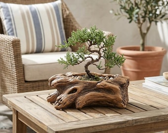 Rustic Driftwood Style Succulent Planter, Cement Bonsai Pot, Natural Wood Look Flower Pot, Mini Garden Decor for Indoor Outdoor