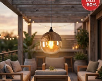 Wood Grain Glass Pendant Light, Nordic Amber Glass Hanging Lamp, Modern Scandinavian Wood Ceiling Light for Kitchen Island & Dining Room