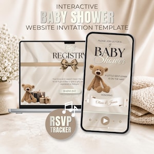 Puede incluir: Una plantilla de invitación interactiva para baby shower mostrada en la pantalla de una computadora portátil y un teléfono inteligente. El diseño presenta un oso de peluche marrón, una sección de registro de regalos y un rastreador de RSVP.